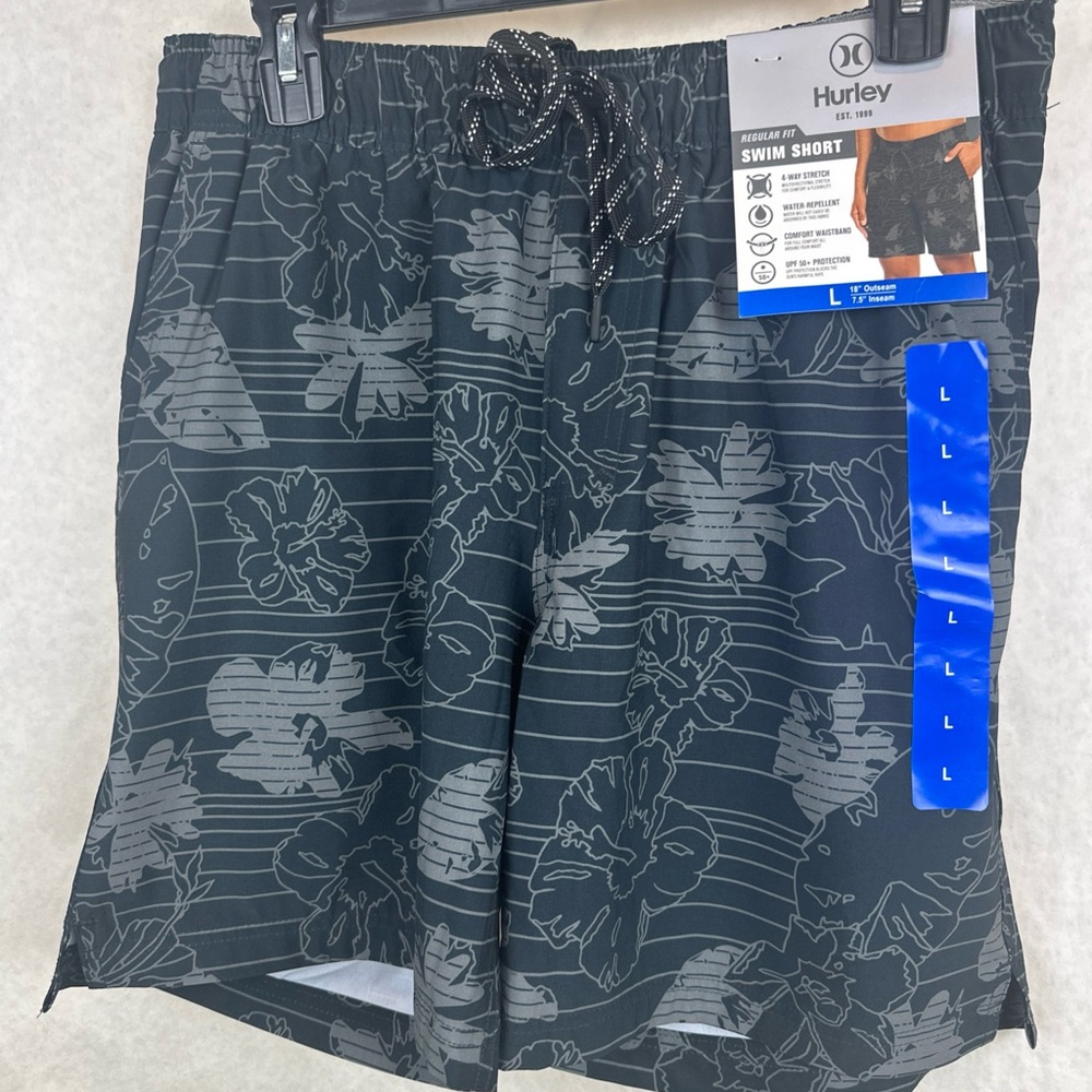 Hurley Men's Swim Shorts Size Large 18" Out Seam 7.5" In Seam Black w Flowers